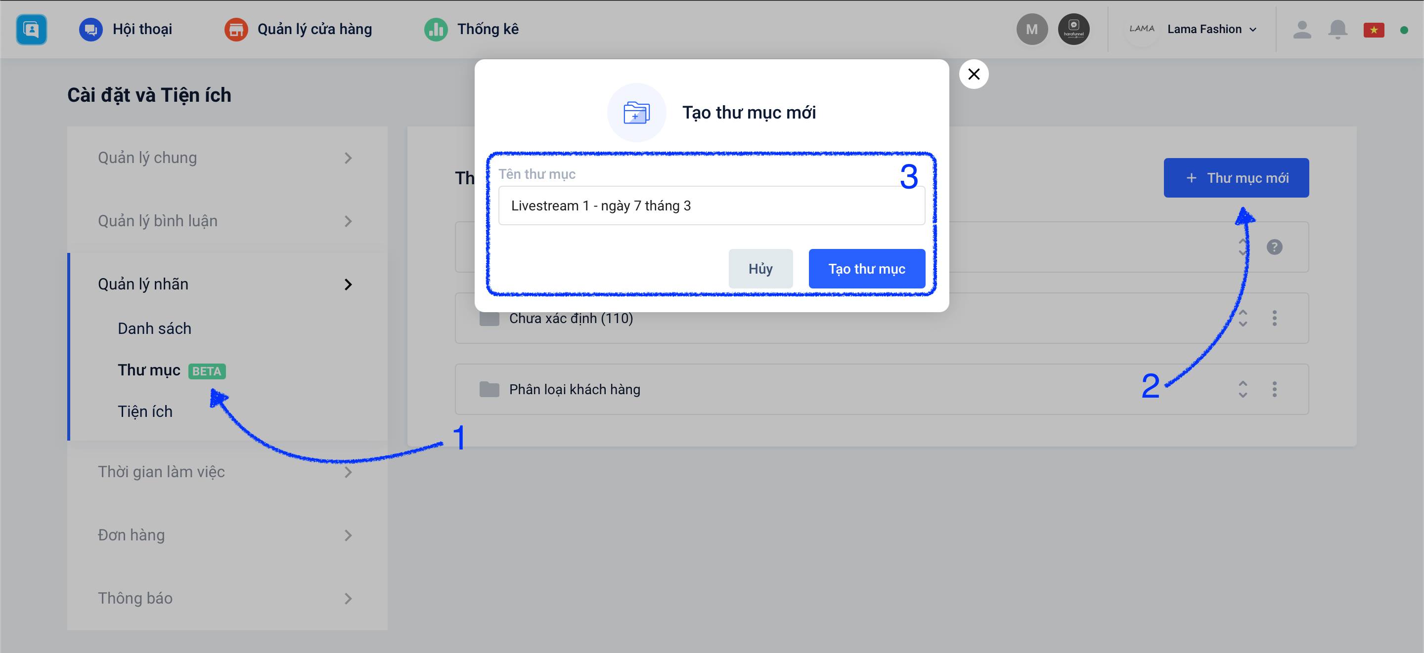 Bước 1: Chuẩn bị và tạo bộ tag ứng với mã sản phẩm trong buổi livestream. Nên tạo trong thư mục nhãn để dễ quản lý.